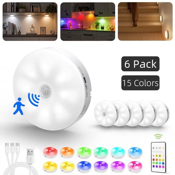 EZVALO 1000mAh Rechargeable Puck Lights with Remote, Under Cabinet Lighting Auto Motion Sensor, 3 Color Temps & 12 RGB Colors, Dimmable Magnetic Stick on Light for Kitchen Closet, 6-Pack