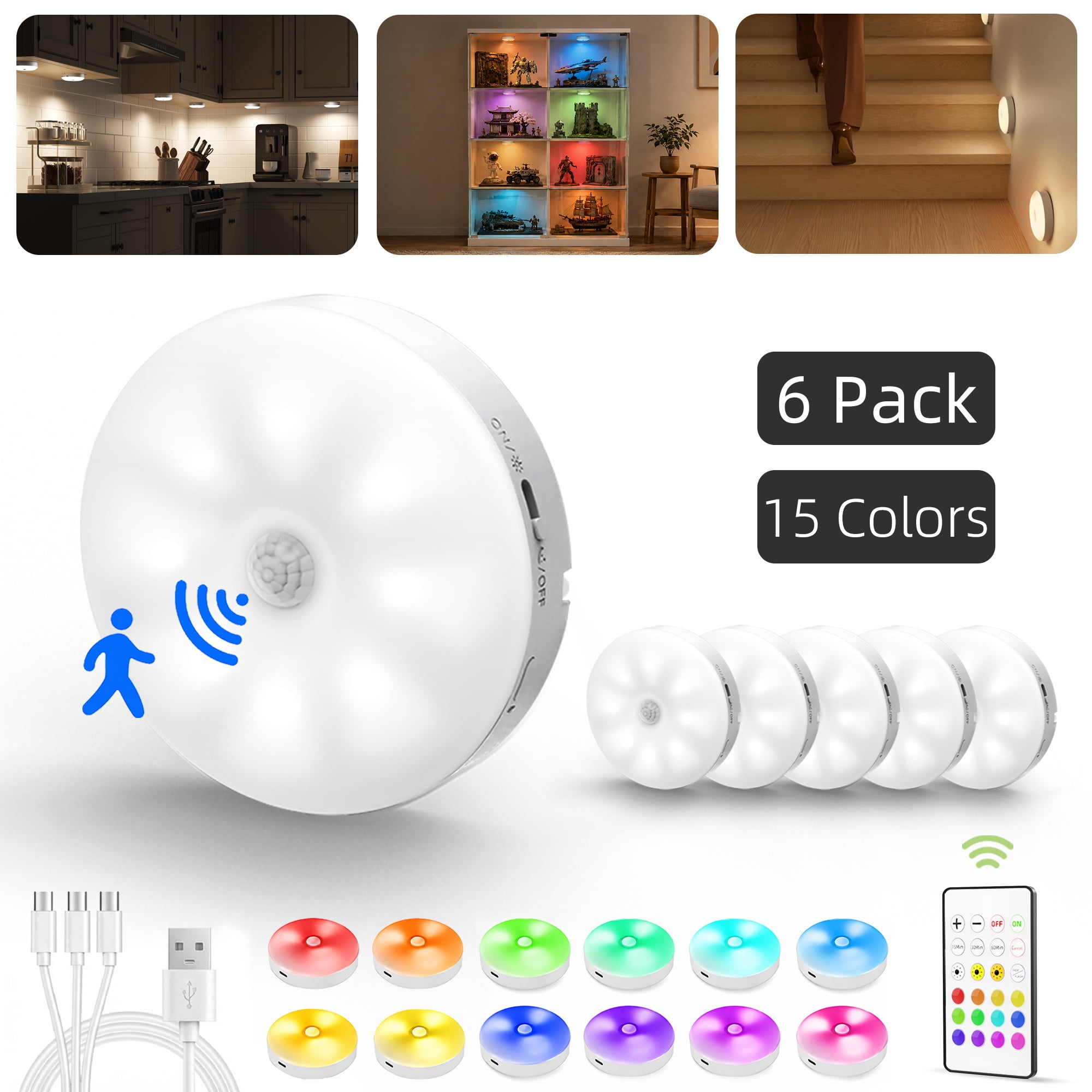 EZVALO 1000mAh Rechargeable Puck Lights with Remote, Under Cabinet Lighting Auto Motion Sensor, 3 Color Temps & 12 RGB Colors, Dimmable Magnetic Stick on Light for Kitchen Closet, 6-Pack