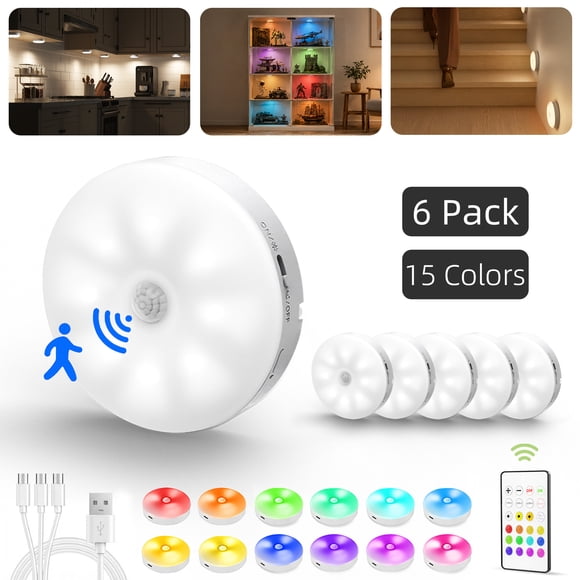 EZVALO 1000mAh Rechargeable Puck Lights with Remote, Under Cabinet Lighting Auto Motion Sensor, 3 Color Temps & 12 RGB Colors, Dimmable Magnetic Stick on Light for Kitchen Closet, 6-Pack