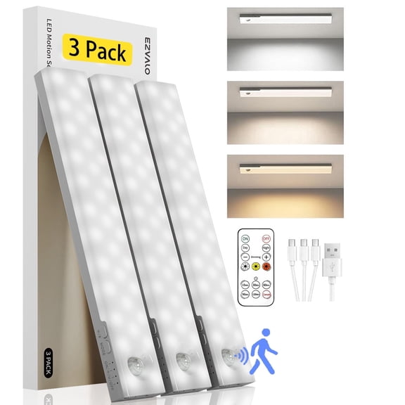 EZVALO Under Cabinet Lights, Rechargeable Wireless Motion Sensor Light Indoor with Remote, Magnetic, 3 Color Temps for Kitchen, Closet, Stairs, 3 Pack