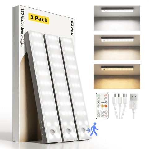 EZVALO Rechargeable Under Cabinet Lights with Motion Sensor, Remote, 2000mAh Long Lasting, Magnetic, 3 Color Modes, 3 Pack for Kitchen, Closet, Stairs