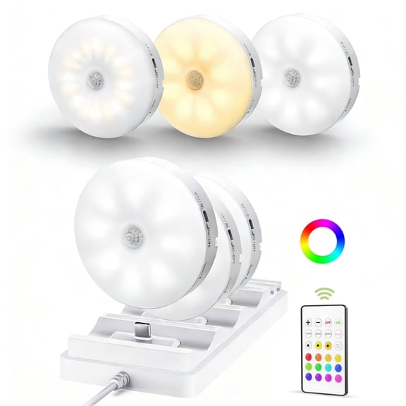 EZVALO Rechargeable Puck Lights with Remote, LED Under Cabinet Lights with Charging Station, 3 Color Temps & 12 RGB Colors, Dimmable Magnetic Stick-On Lights for Kitchen Closet, 6-Pack