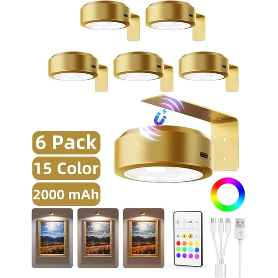 EZVALO 6 Pack Picture Lights, 2000mAh Rechargeable Magnetic Wall Lights, 15 Colors RGB+3 Modes, Dimmable Remote Timer, Wireless Art Display Lights for Paintings & Frames