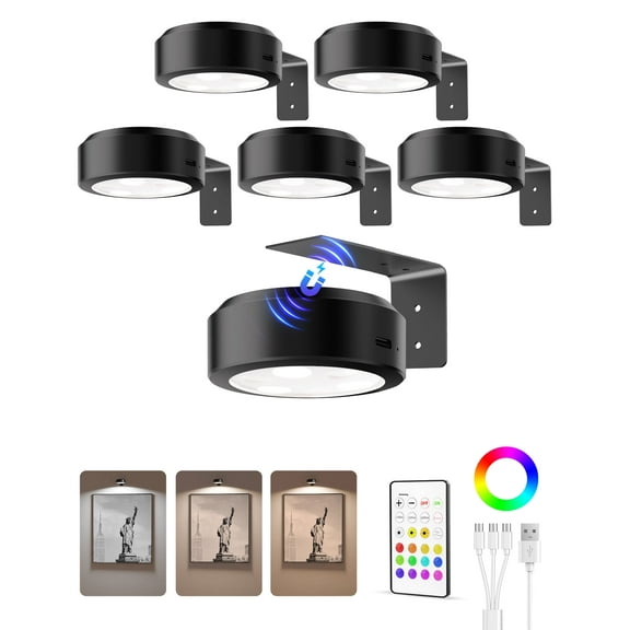 EZVALO 6-Pack LED Wireless Picture Lights, Remote Timer Art Lights with 3 Color Temps, 3 Modes & 12 RGB Colors, Magnetic Rechargeable Wall Lights for Frames & Decor