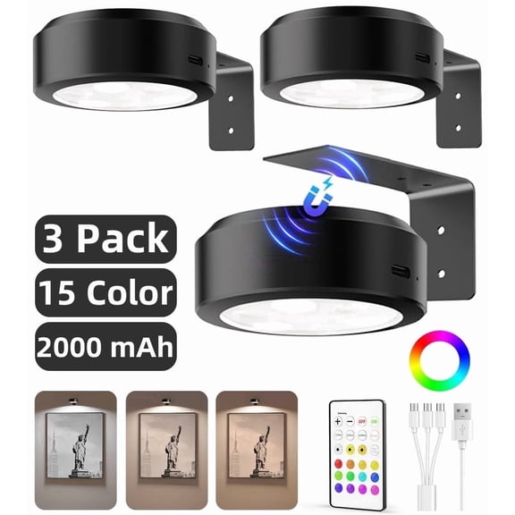 EZVALO 3 Pack Rechargeable Picture Lights for Wall, 2000mAh Magnetic Art Lights, 15 Colors (RGB+3 CCT), Remote Dimmable Timer, Wireless Painting Lights for Artwork Frame Decor