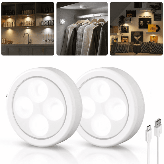 EZVALO Rechargeable Tap Lights, 2.95'' Mini LED Puck Lights, 3 Color Temps Dimmable, Stick on Push Lights for Kitchen Cabinet, Pantry, Closet, 2 Pack