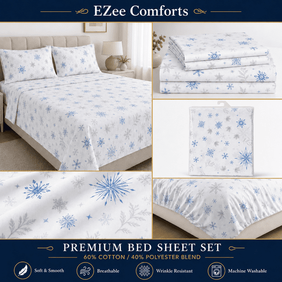 EZee Comforts 4 Piece Blue Snowflakes Printed Cotton Blend Bed Sheet Set