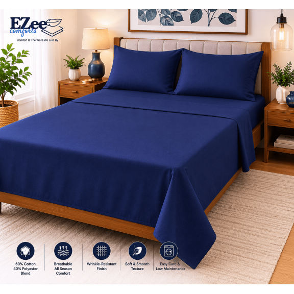 EZee Comforts Midnight Sapphire Blue Solid Color Sheet Sets, Queen - Breathable, Fade Resistant