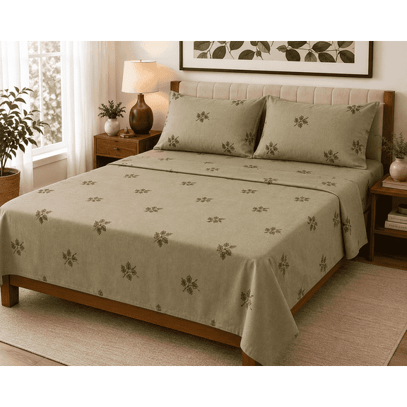 EZee Comforts 4 Piece Premium Cotton Blend Printed Bed Sheet Set - Olive Branch