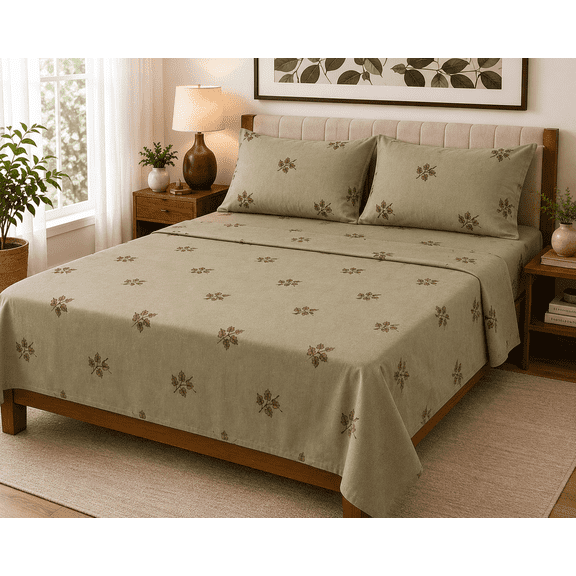 EZee Comforts Olive Branch Green Printed Design Sheet Sets, Queen - Breathable