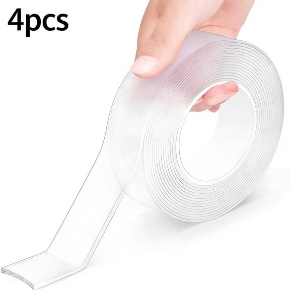 OFEFE 4-Pack Heavy Duty Double Sided Tape, Nano Adhesive Clear Mounting Tape 9.85FT - No Residue Strong Sticky Gel Tape for Wall Hanging, Picture Frames, Home Decor, Carpet, Crafts (Clear)