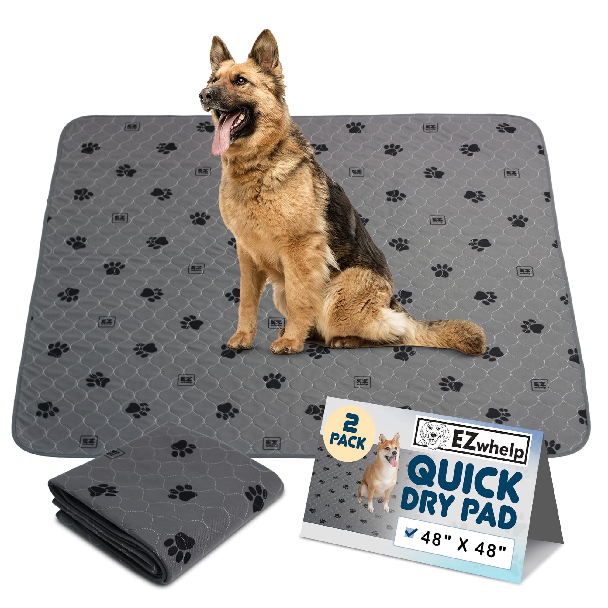 EZwhelp Premium Reusable Quick Dry Dog Pee Pads, 48x48 Inch 2 Pack – Waterproof, Washable, Non-Slip Training Pads for Large Dogs & Cats, Fast Absorbent, Durable Reusable Potty Mats
