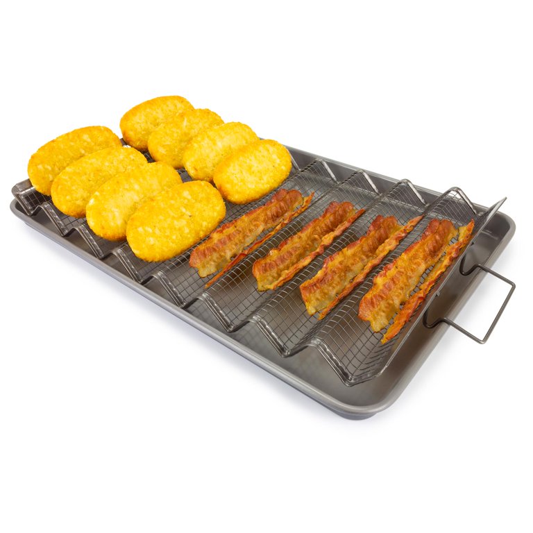 Gotham Steel 2 PC Baking Pan with Rack for Crispy Bacon + Air Fryer Basket for Bacon with Grease Catcher, Nonstick Bacon Cooker for Oven/Copper