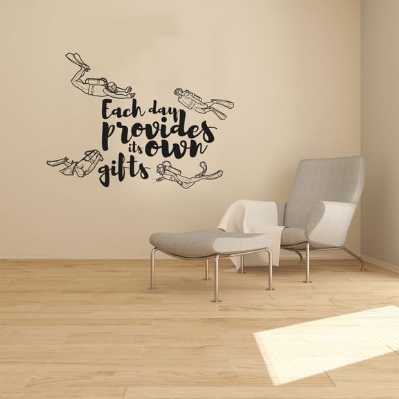 Each Day Provides Its Own Gifts Quote Scuba Diving Silhouette Vinyl Design Wall Sticker Wall Art Wall Decal Boy Girl Kid Room Bedroom Scuba Diver Home Decor Stickers Decoration Size (18x20 inch)