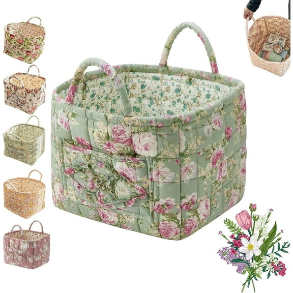 Eagerlyous Boho Fabric Storage Basket, Boho Quilted Fabric Storage Tote with Easy Carry Handle, Large Capacity Foldable Square-Shaped Floral Laundry Baskets for Clothes and Sundries