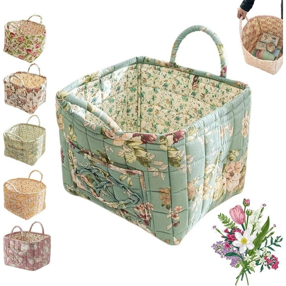 Eagerlyous Boho Fabric Storage Basket, Boho Quilted Fabric Storage Tote with Easy Carry Handle, Large Capacity Foldable Square-Shaped Floral Laundry Baskets for Clothes and Sundries