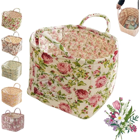 Eagerlyous Boho Fabric Storage Basket, Boho Quilted Fabric Storage Tote with Easy Carry Handle, Large Capacity Foldable Square-Shaped Floral Laundry Baskets for Clothes and Sundries