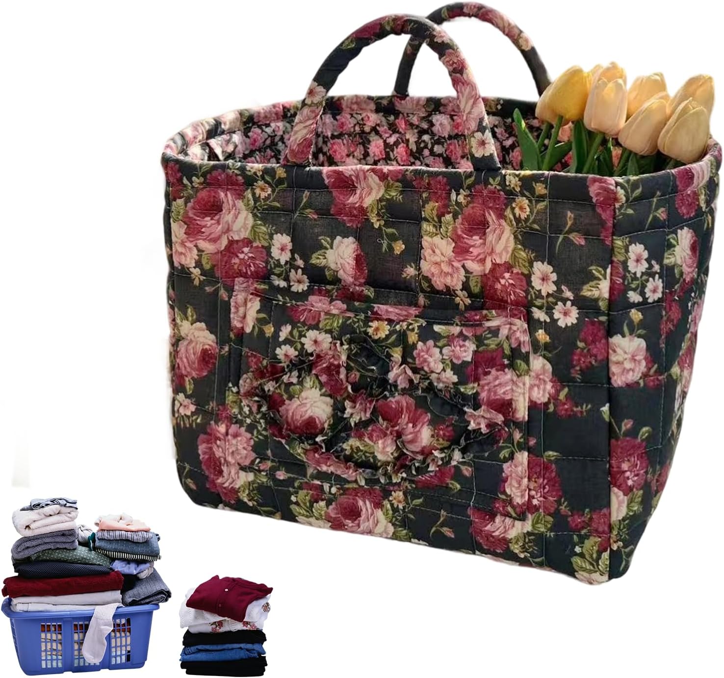 Panier De Rangement Pliable Style Boho Floral - Grand Format Avec Poignées