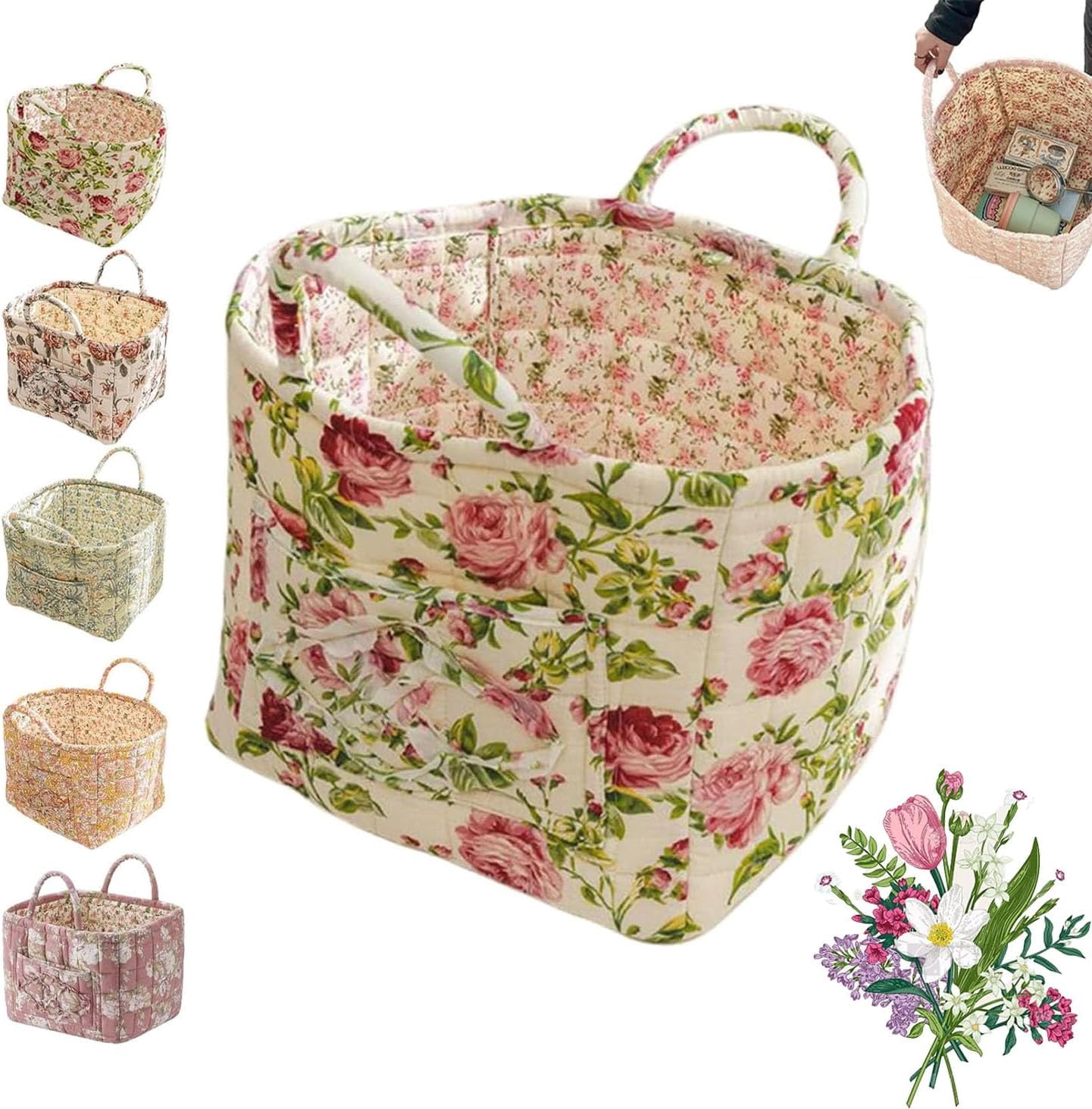 Eagerlyous/Eagerlyus Boho Fabric Storage Basket, Boho Laundry Basket with Handle, Large Capacity Tote Bag with Front Pocket, Foldable Square-Shaped Floral Storage Basket Home Organizatio