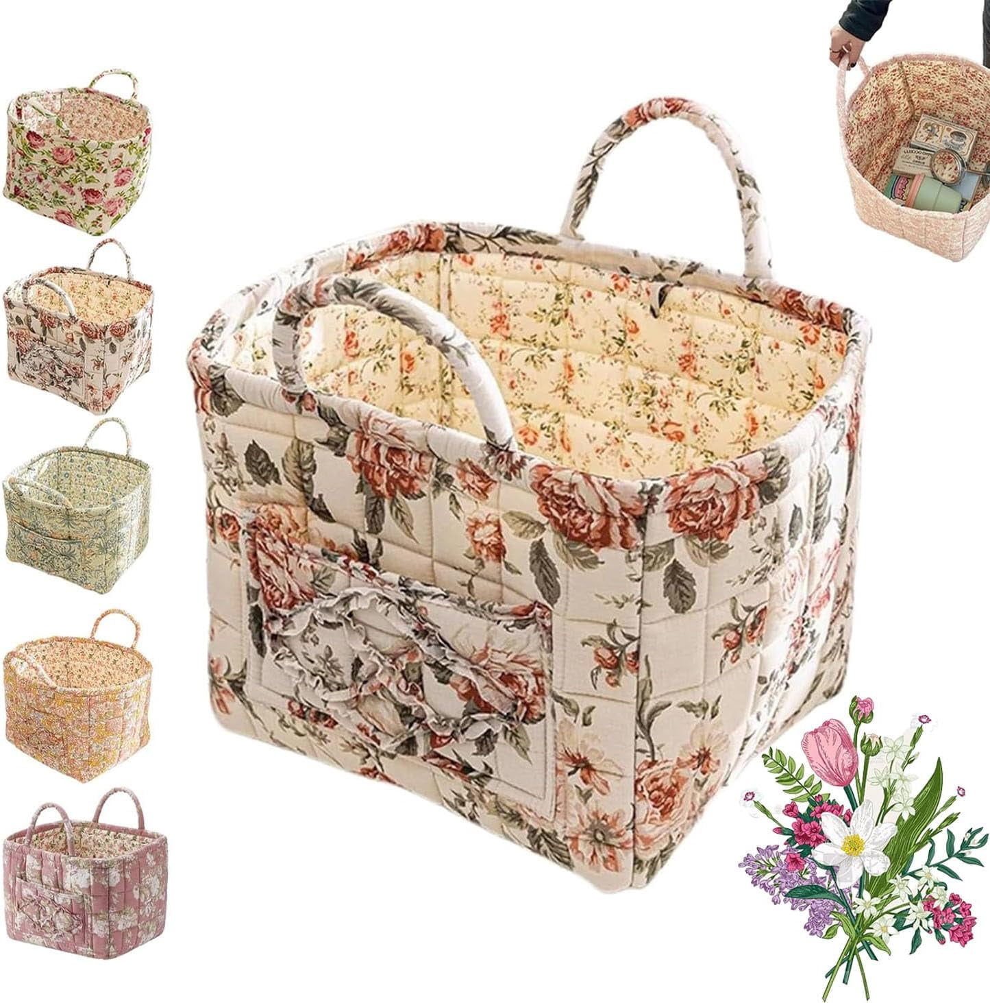 Eagerlyous/Eagerlyus Boho Fabric Storage Basket, Boho Laundry Basket with Handle, Large Capacity Tote Bag with Front Pocket, Foldable Square-Shaped Floral Storage Basket Home Organizatio