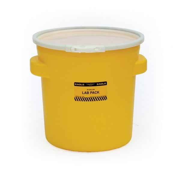 Eagle 20 Gallon Plastic Drum with Lid, Plastic Lever-Lock, 20.4"x20.9", Lab Pack Drum Made of Durable, Lightweight HDPE, Withstands Weather and Chemicals, Made in USA, Yellow, 1652