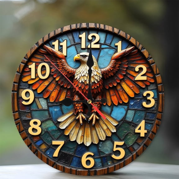 Eagle 2D Wall Clock Unique Home Decor Art 10-Inch Silent Wooden Wall Clock, Battery Operated (AA Batteries Not Included), Artistic Home Decor
