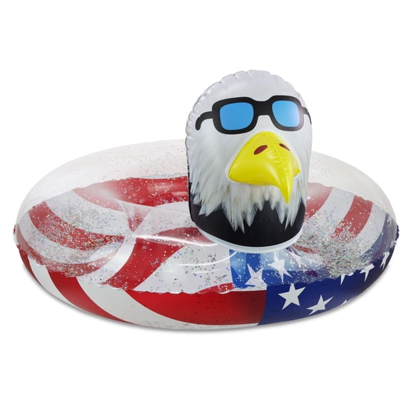 POZA Eagle Inflatable Pool Tube with USA Flag Design - Patriotic 4th of July Swim Ring Float for Pool, Beach, Lake, Sparkle Confetti-Filled Beach Float Lounger - 36 Inches