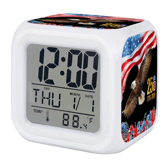 Eagle 4th of July Digital Alarm Clock for Bedrooms, Smart LED Alarm Clock with 7 Color Changing Night Light, Independence Day USA Flag Blue Red Silent Wake Up Clocks for Sleep Study Cooking 3.2"x3.2"