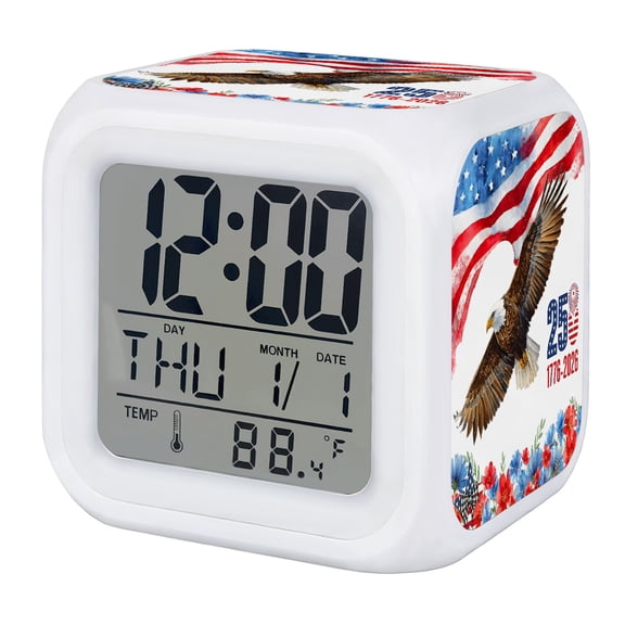 Eagle 4th of July Digital Alarm Clock for Bedrooms,Smart LED Alarm Clock with 7 Color Changing Night Light,Independence Day USA Flag Watercolor Silent Wake Up Clocks for Sleep Study Cooking 3.2"x3.2"