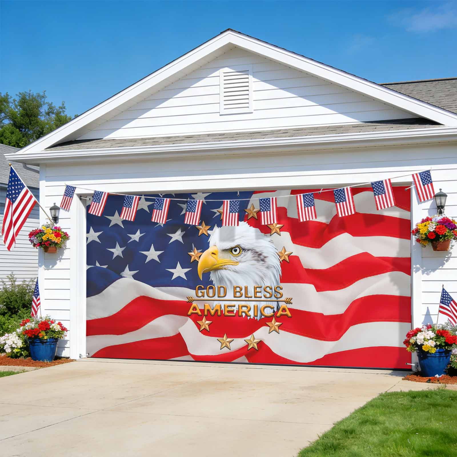 Eagle 4th of July Garage Door Cover Banner 7 x 16 FT, Independence Day Stars Flag Garage Door Curtains Backdrop with Grommets for Indoor Outdoor Wall Party Porch Yard Decorations Background
