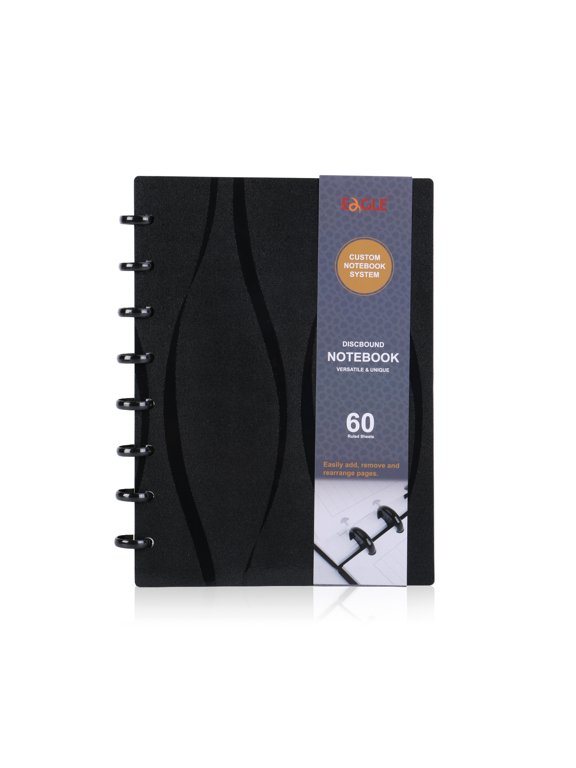 A5 Junior Discbound Notebook, Customizable Refillable Planner with Poly Cover, 8-Hole Punch, 60 Lined Pages, 1 Notebook Included, Black