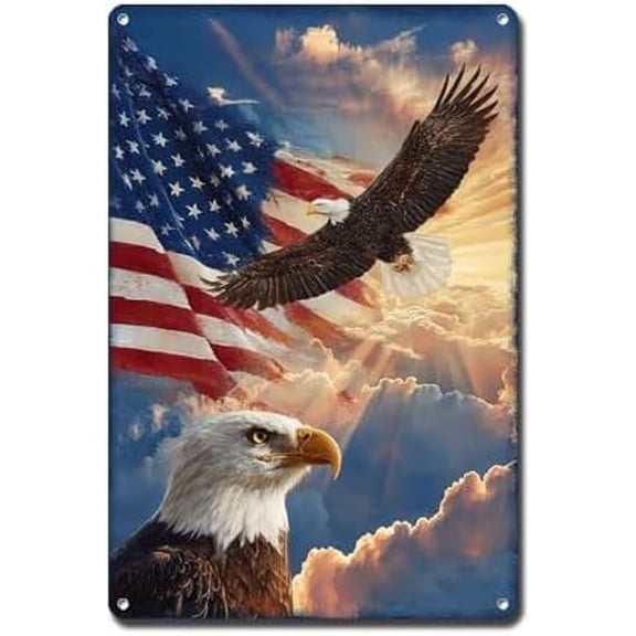 Eagle American Flag Metal Sign, Vintage Soaring Eagle Patriotic Art Print, 12x8 Inches, Backyard Garden Home Decor, Eagle Flag Wall Art for All Patriotic Decor