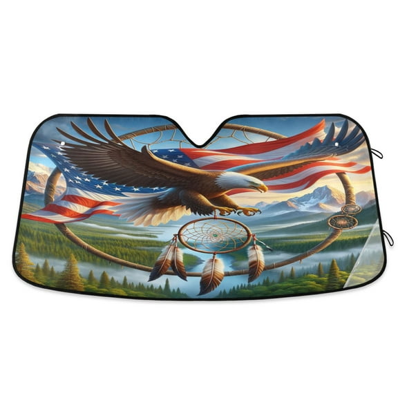 Eagle American Flag Mountains Car Windshield Sun Shade Foldable Car Front Window Visor Heat and UV Protection 55x27.6