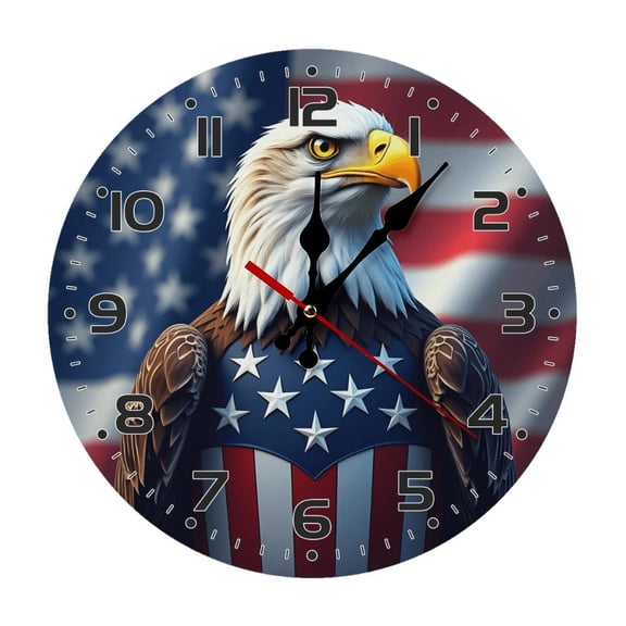 Eagle American Flag Wall Clock 10 Inch Silent Non Ticking Round Wooden Clock Decoration for Living Room Kitchen Bedroom Bathroom Office Classroom