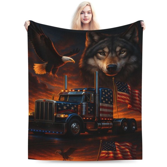 Eagle and American Flag Wolf Car Plush Flannel Throw Blanket - Soft, Warm, Cozy, Lightweight, Anti-Pilling, Fluffy Sofa, Bed, Travel Cover - Unisex Design 60x50