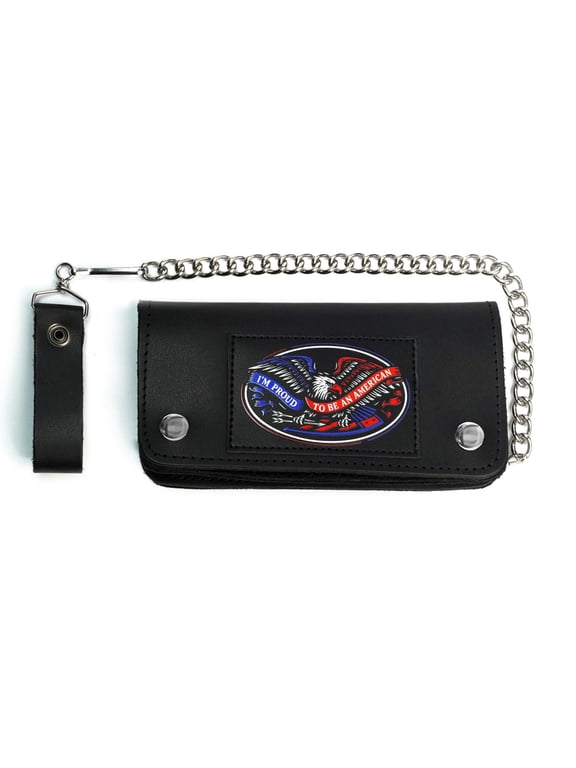 Eagle & American Pride Bifold Chain Wallet for Men and Women, Cowhide Leather Motorcycle Biker Wallet with Anti-Theft Steel Chain, Black & Brown ID Card Holder Trucker Wallet with Snap Closure