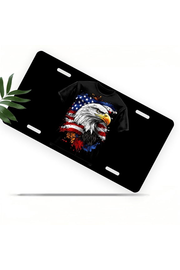 Eagle and American flag T-shirt Front License Plate, Metal License Plate, Funny Standard Plates Personalized Novelty Decorative For Men/Women/Boys/Girls Car 6×12 Inch