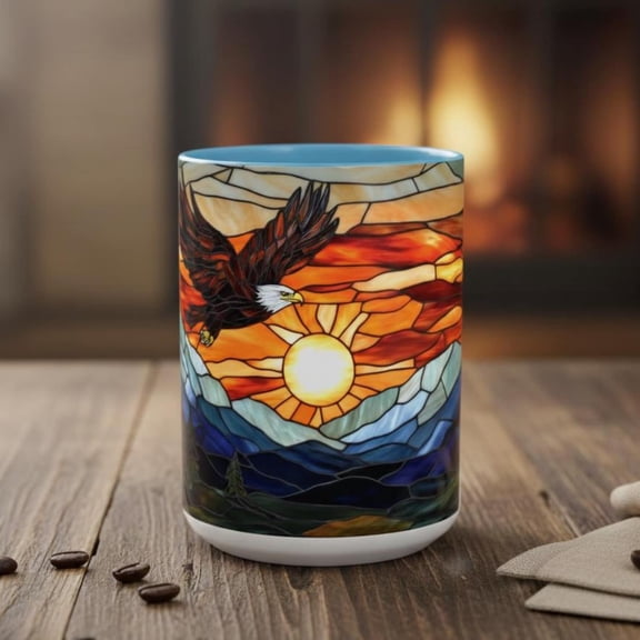 Eagle Art Mug, Stained Glass Style Panoramic Eagle and Mountains Sunset Nature Coffee Cup, Wildlife Park Animal Bird Mug Gift 11 oz 15 oz