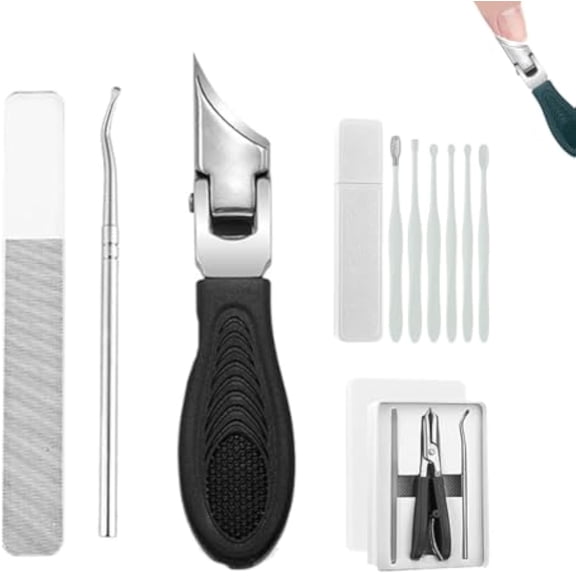 Eagle Beak Angled Nail Clippers 3-Piece Set, Long Handle Wide Jaw Opening Anti-Splash Slanted Toenail Clippers for Thick Nails and Ingrown Care, Stainless Steel Finger Nail Clippers Adult (Black Set)