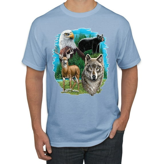 Eagle Bear Deer and Wolf Wildlife Americana / American Pride Men's Graphic T-Shirt, Light Blue, Medium