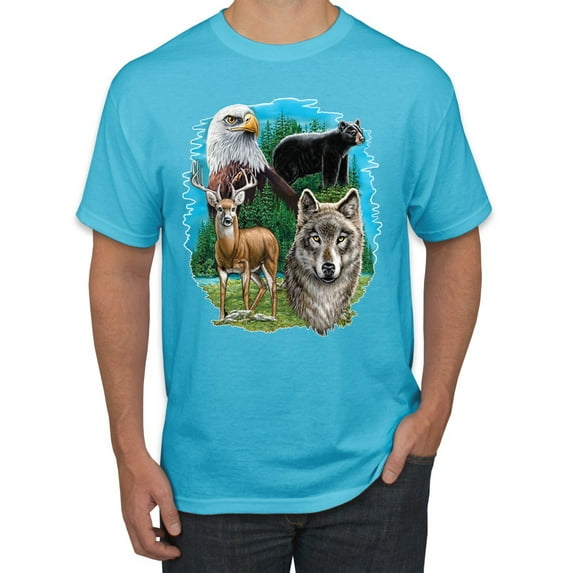 Eagle Bear Deer and Wolf Wildlife Americana / American Pride Men's Graphic T-Shirt, Light Turquoise, Small