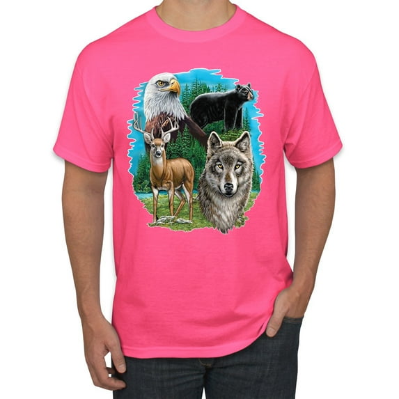 Eagle Bear Deer and Wolf Wildlife Americana / American Pride Men's Graphic T-Shirt, Neon Pink, 4XL