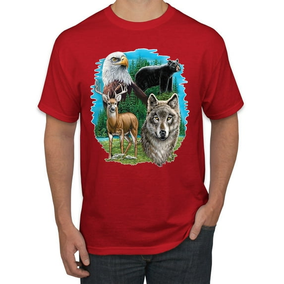 Eagle Bear Deer and Wolf Wildlife Americana / American Pride Men's Graphic T-Shirt, Red, Medium