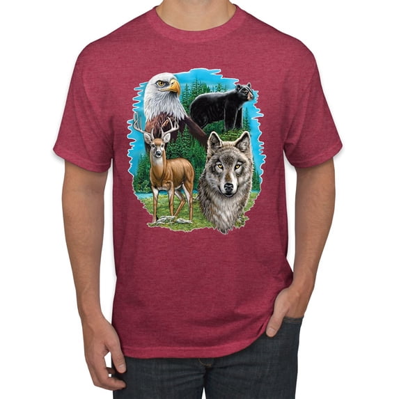 Eagle Bear Deer and Wolf Wildlife Americana / American Pride Men's Graphic T-Shirt, Vintage Heather Red, Large
