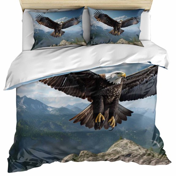 Eagle Bedding 3 Piece Duvet Cover Set Twin Size, Forest Mountains Range Sky Animal Natural Landscape Soft Microfiber Comforter Cover with Zipper Closure & Pillowcases, FadeResistant Quilt Cover