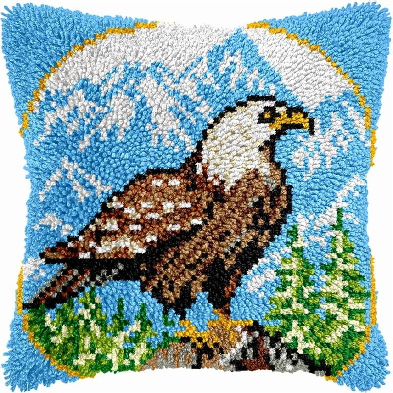 Eagle Bird Latch Hook Pillow Kits Pillow Cover Pattern Printed Canvas Crochet Knitted Hooking Pillowcase Cushion Crafts Embroidery Latch Hooking Crochet Kits Set 17x17 inch(96)
