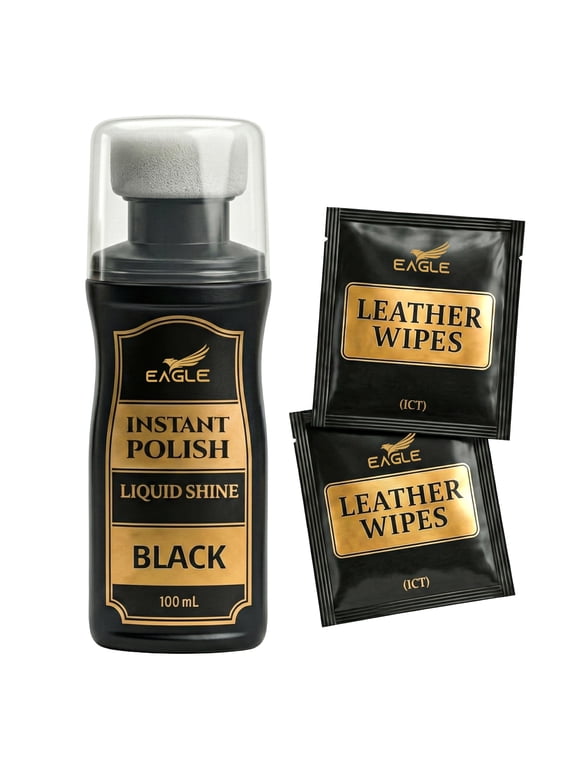 Black Liquid Shoe Polish for Shoes & Boots - Instant Shine Leather Polish with Built-In Sponge Applicator & 2 Cleaning Wipes | Cleans, Conditions & Restores Shine in Seconds