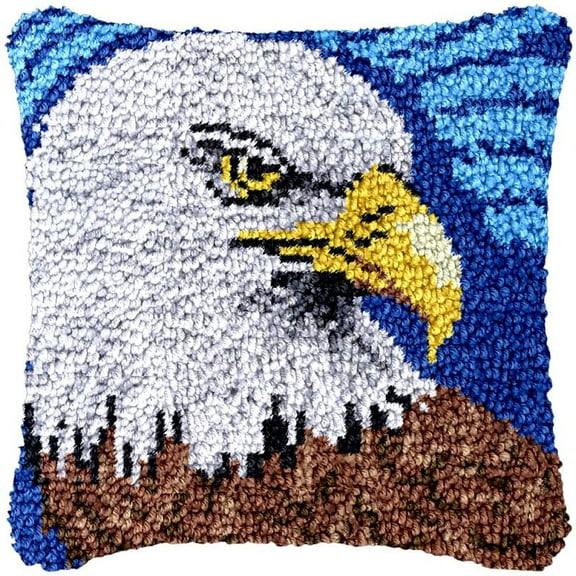 Eagle in Blue Latch Hook Kits Pillow DIY Rug Cushion Making Kits with preprinted Pattern Canvas Instruction Yarns and Latch Hooking Pillow Cover Easy to Start DIY Home Decor Kits 43x43cm
