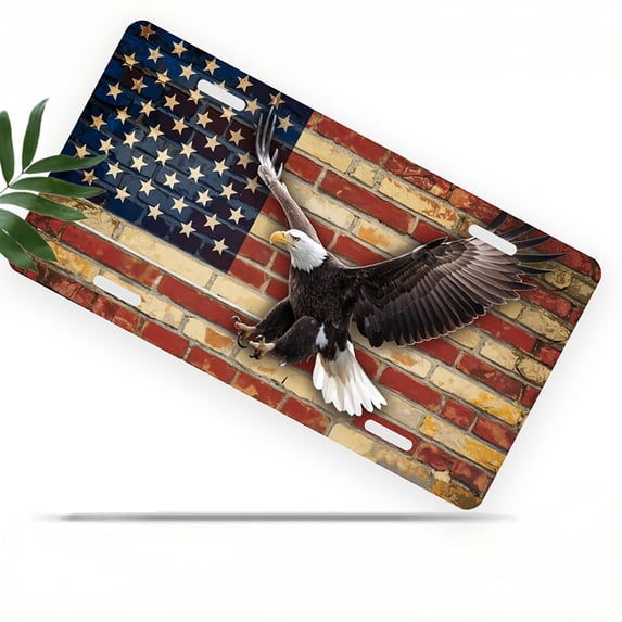 Eagle and Brick wall with Flag Front License Plate, Metal License Plate, Funny Standard Plates Personalized Novelty Decorative For Men/Women/Boys/Girls Car 6×12 Inch