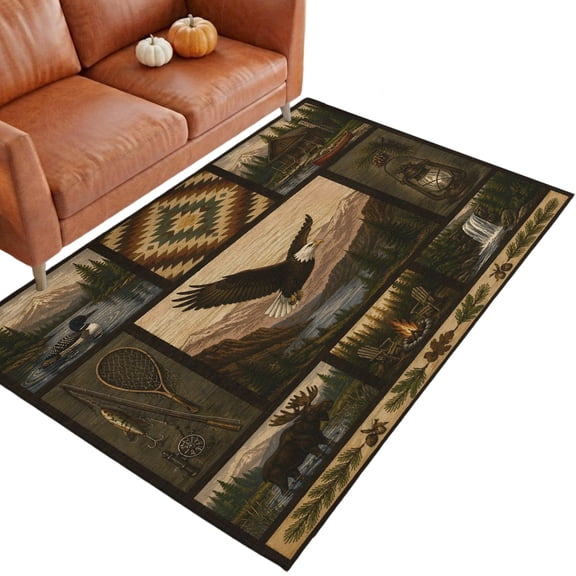 Eagle Canoe Cabin 3'x5' Entryway Rugs for Bedroom Foot of Bedside Small Living Room, Rustic Mountains Forest Brown Lodge Woodland Washable Mats Non Slip Rectangle Area Rug